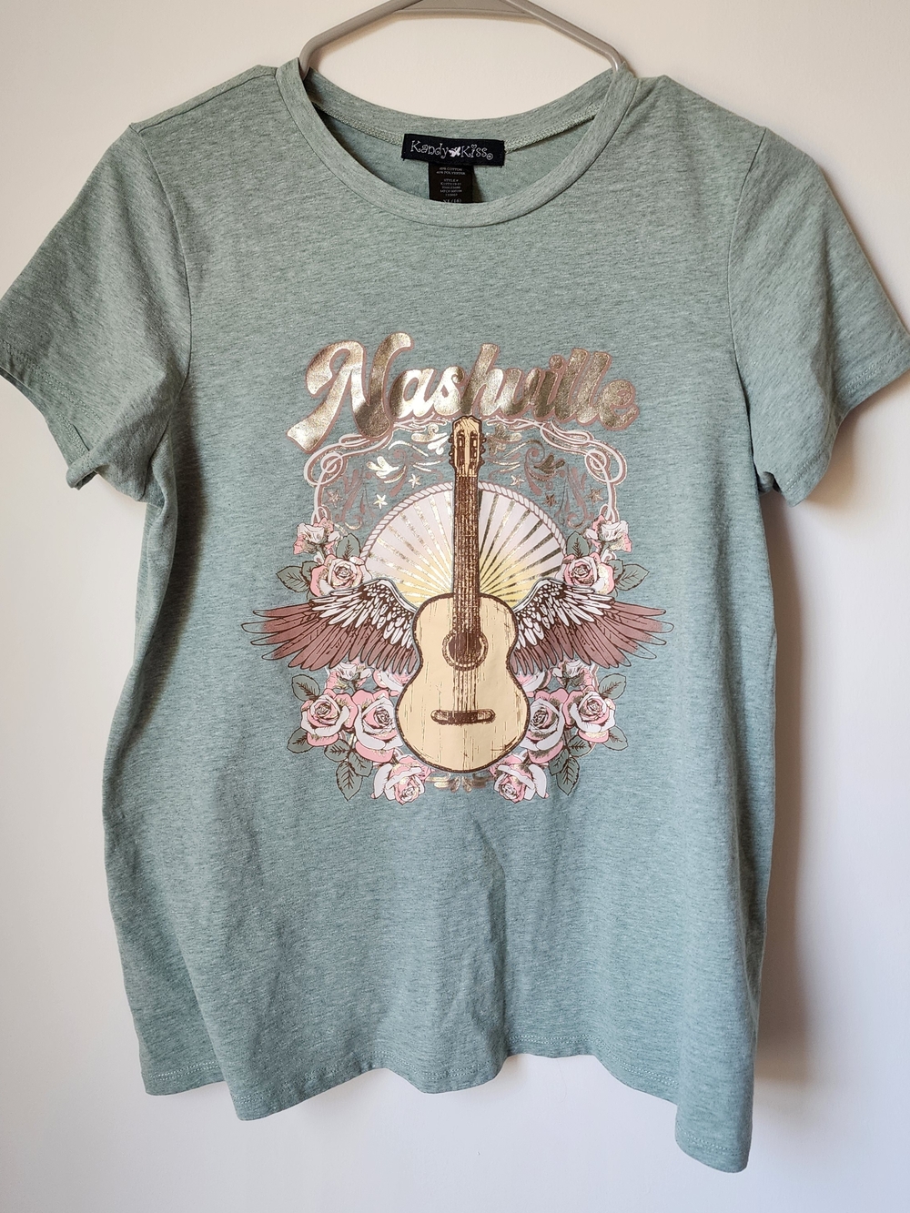 Nashville Graphic Tee with Guitar & Roses - Sage Green